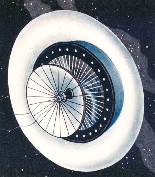Hermann Noordung depiction of a space station habitat wheel. Hermann Potocnik (1892-1929), also known as Herman Noordung, created the first detailed technical drawings of a space station, 1929