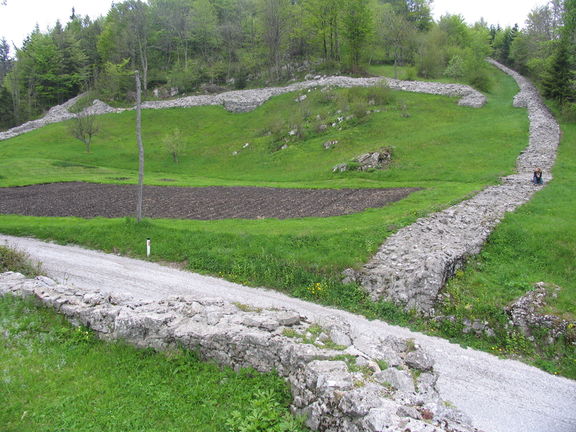 View from the entrance of the Roman fortress Ad Pirum to its northern side where the transverse wall that divided the fortress into two parts is still visible. Hrušica - Museum Collection and Archaeological Park