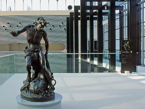 <i>Startled Satyr</i>, a student work by <!--LINK'" 0:21-->, 1894, awarded with Fueger Medal, today set up in the entrance hall of the <!--LINK'" 0:22-->. Zajec was commissioned to make a sculpture of a poet <!--LINK'" 0:23--> for the central square in Ljubljana, unveiled in 1905.