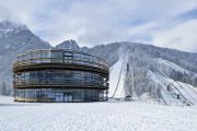 The pavilion and the ski fly hills at the Nordic Centre Planica. The pavilion was conceived by STVAR architects, 2016.