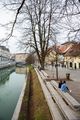 A resting place on the renovated banks of the Ljubljanica River in Ljubljana.