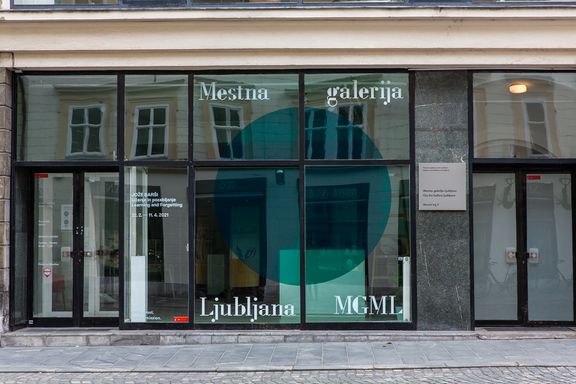 A closeup of the entrance to the City Art Gallery Ljubljana.