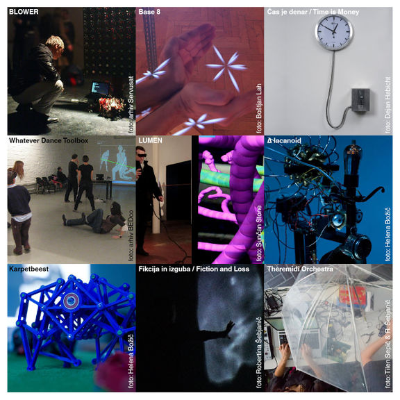 A collage of works featured at the Real Time Settings for Ner[d/ve]s exhibition featuring new media art production by Ljudmila - Ljubljana Digital Media Lab, 2012