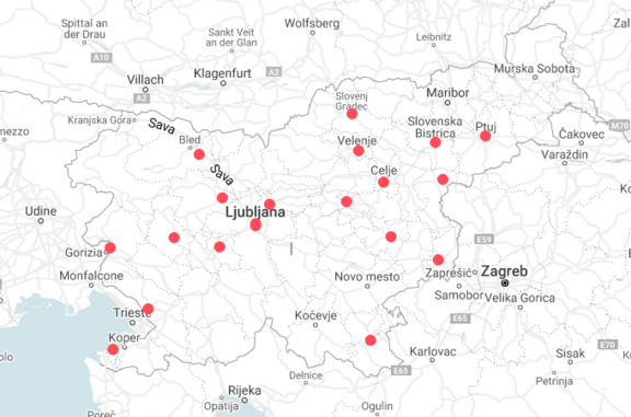 The map of Slovenian members of the Europa Cinemas Network, all of them being the members of the Slovenian Art Cinema Association.