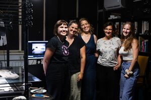 A peer2peer meeting with the DSAF resident <!--LINK'" 0:59--> and Slovene animators. organised by the  <!--LINK'" 0:60--> at the <!--LINK'" 0:61--> Studio, 2024. From left to right <!--LINK'" 0:62-->, <!--LINK'" 0:63-->, Naomi van Niekerk, <!--LINK'" 0:64-->, and <!--LINK'" 0:65-->.