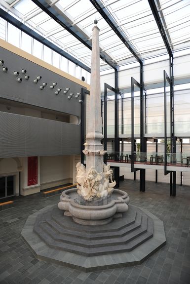 The fountain sculpture commissioned by the city authorities from Francesco Robba in 1743, was inspired by the Bernini's Piazza Navona fountain and conceived as a Fountain of the Three Rivers of Carniola. In 2006, the original fountain was renovated and moved from the Town Square into the National Gallery of Slovenia.