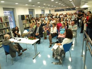 <!--LINK'" 0:104--> organises frequent literary evenings and book events, pictured is an event with Slovene writer and Nobel nominee <!--LINK'" 0:105--> (born 28 August 1913), 2009